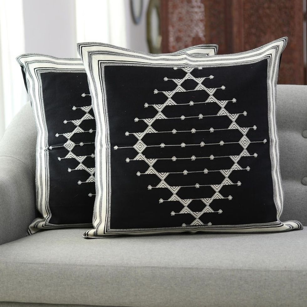 Geometric Cotton Cushion Covers in Black Pair 'Dark Pattern'