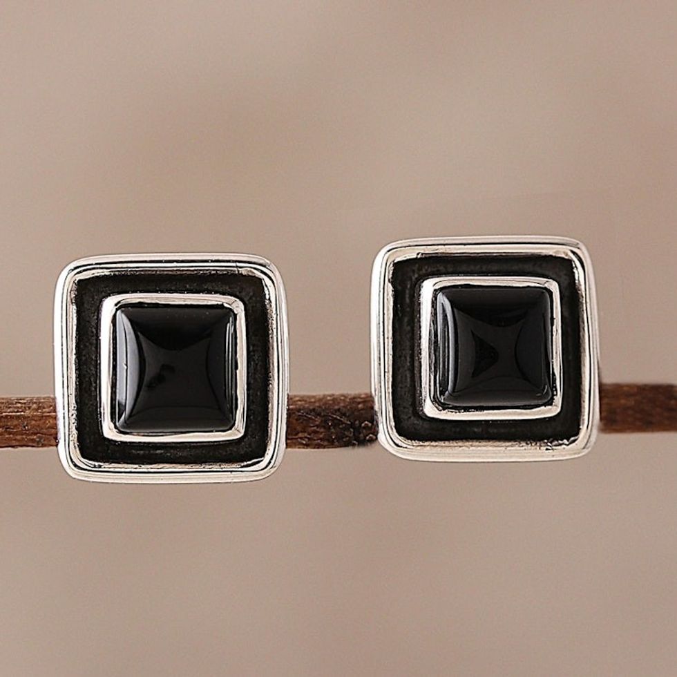 Square Onyx Stud Earrings from India 'Midnight Frame'