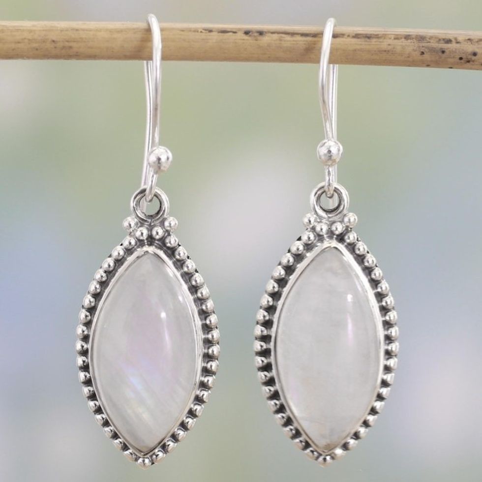 Indian Rainbow Moonstone and Sterling Silver Dangle Earrings 'Rainbow Windows'