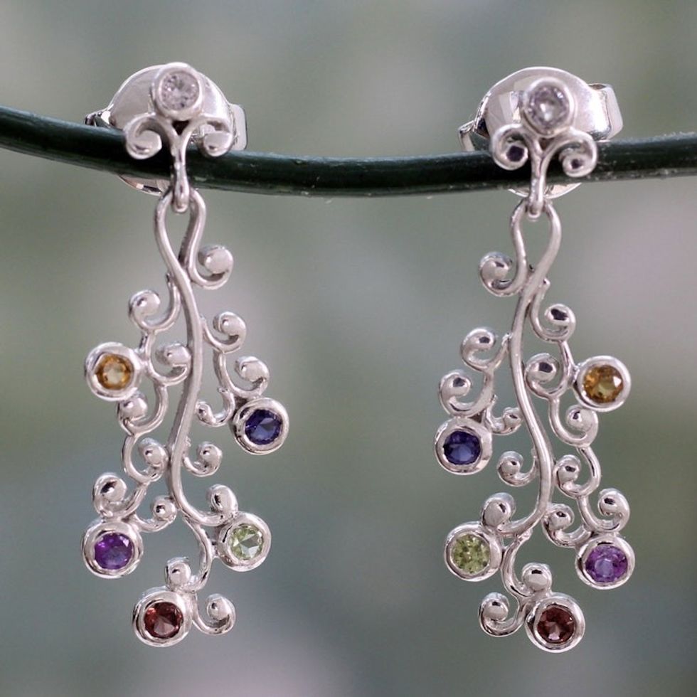 Silver Earrings Handcrafted with 6 Kinds of Gems 'Rainbow Wisteria'