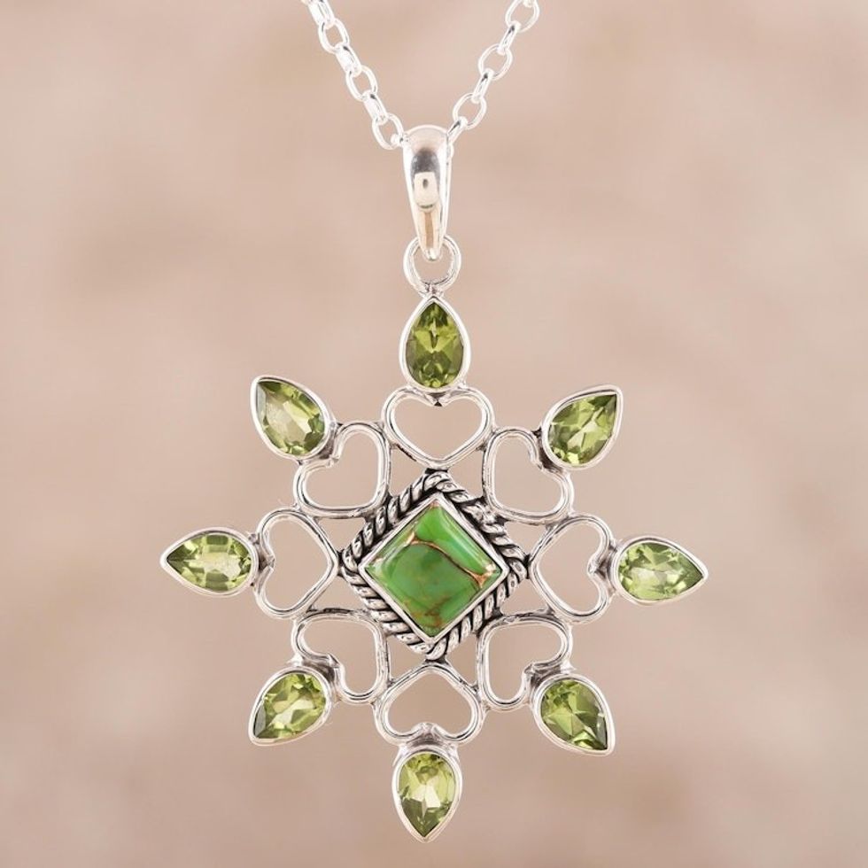 Peridot and Composite Turquoise Pendant Necklace from India 'Verdant Glitter'