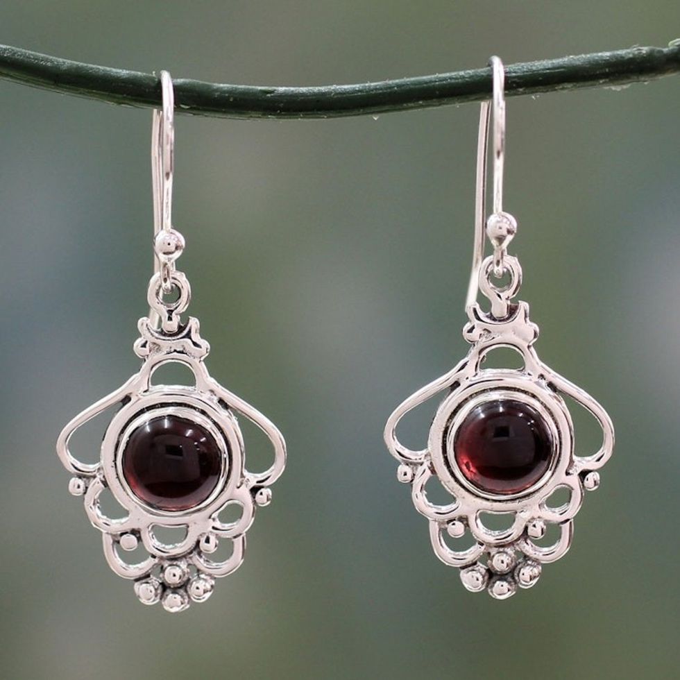 India Artisan Jewelry Sterling Silver and Garnet Earrings 'Cascading Beauty'