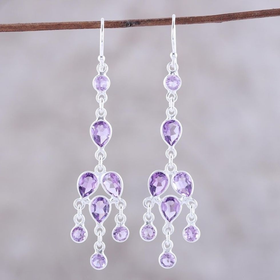 Sterling Silver and Purple Amethyst Chandelier Earrings 'Leafy Adornment'