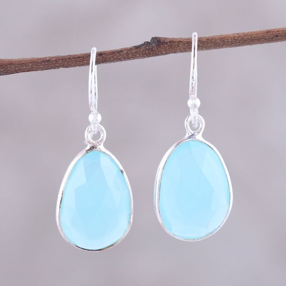 12-Carat Blue Chalcedony Dangle Earrings from India 'Radiant Sea'