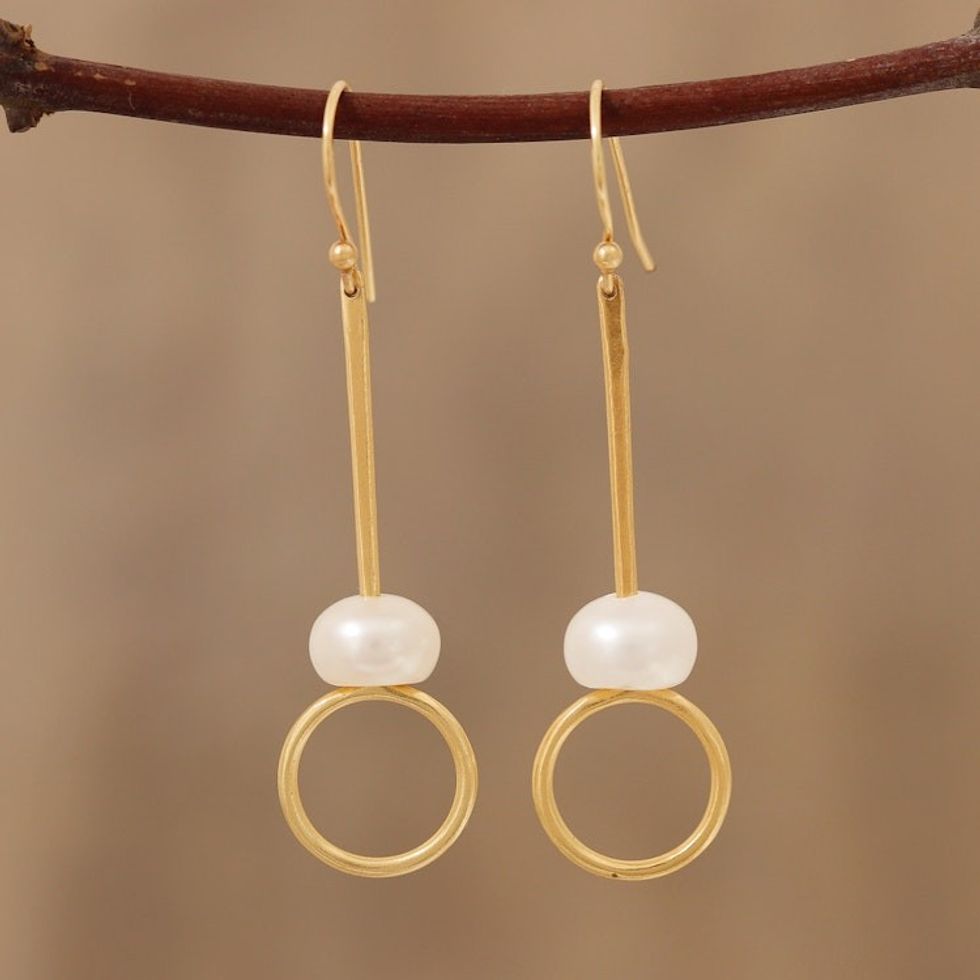 Gold Plated Cultured Pearl Dangle Earrings from India 'Ring Glow'