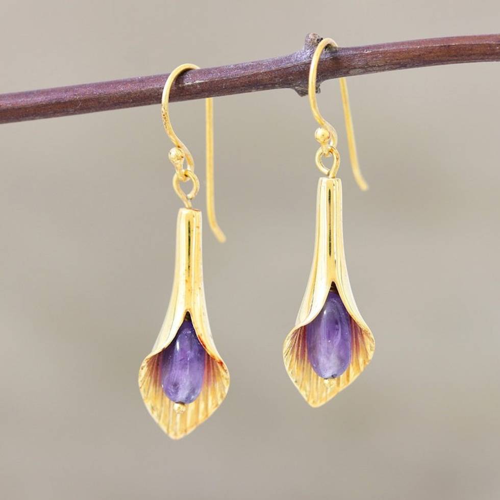 Gold vermeil amethyst flower earrings 'Secret Lilies'