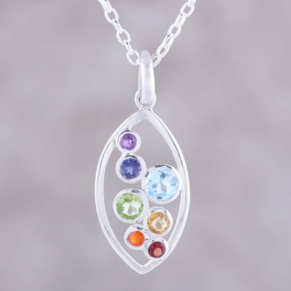 Multi-Gemstone and Sterling Silver Ellipse Pendant Necklace 'Rainbow Within'