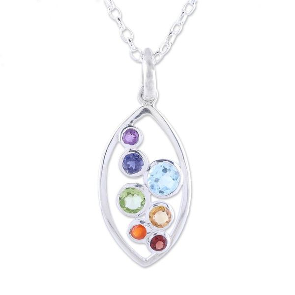 Alternate image for Multi-Gemstone and Sterling Silver Ellipse Pendant Necklace Rainbow Within
