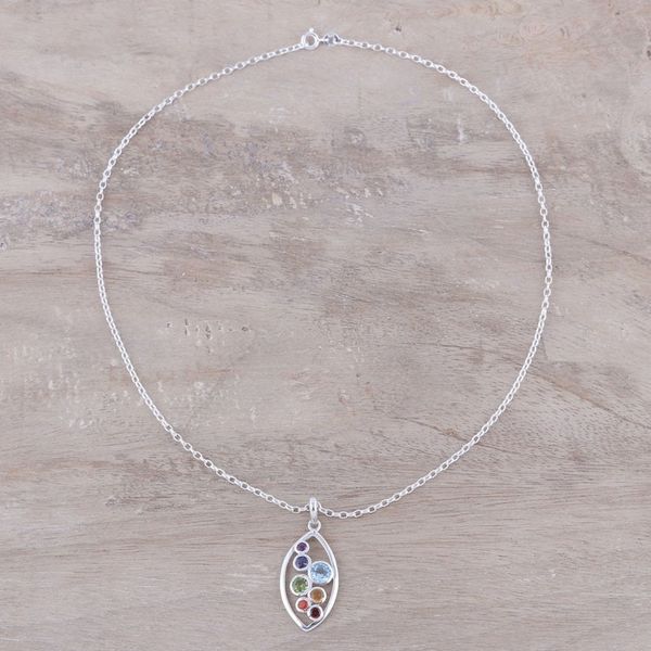 Alternate image for Multi-Gemstone and Sterling Silver Ellipse Pendant Necklace Rainbow Within