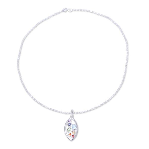 Alternate image for Multi-Gemstone and Sterling Silver Ellipse Pendant Necklace Rainbow Within