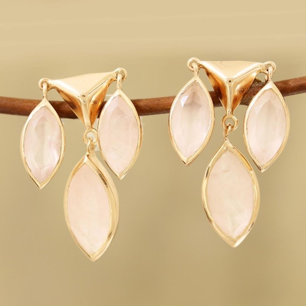 Rose Gold Plated Rose Quartz Chandelier Earrings from India 'Rosy Princess'