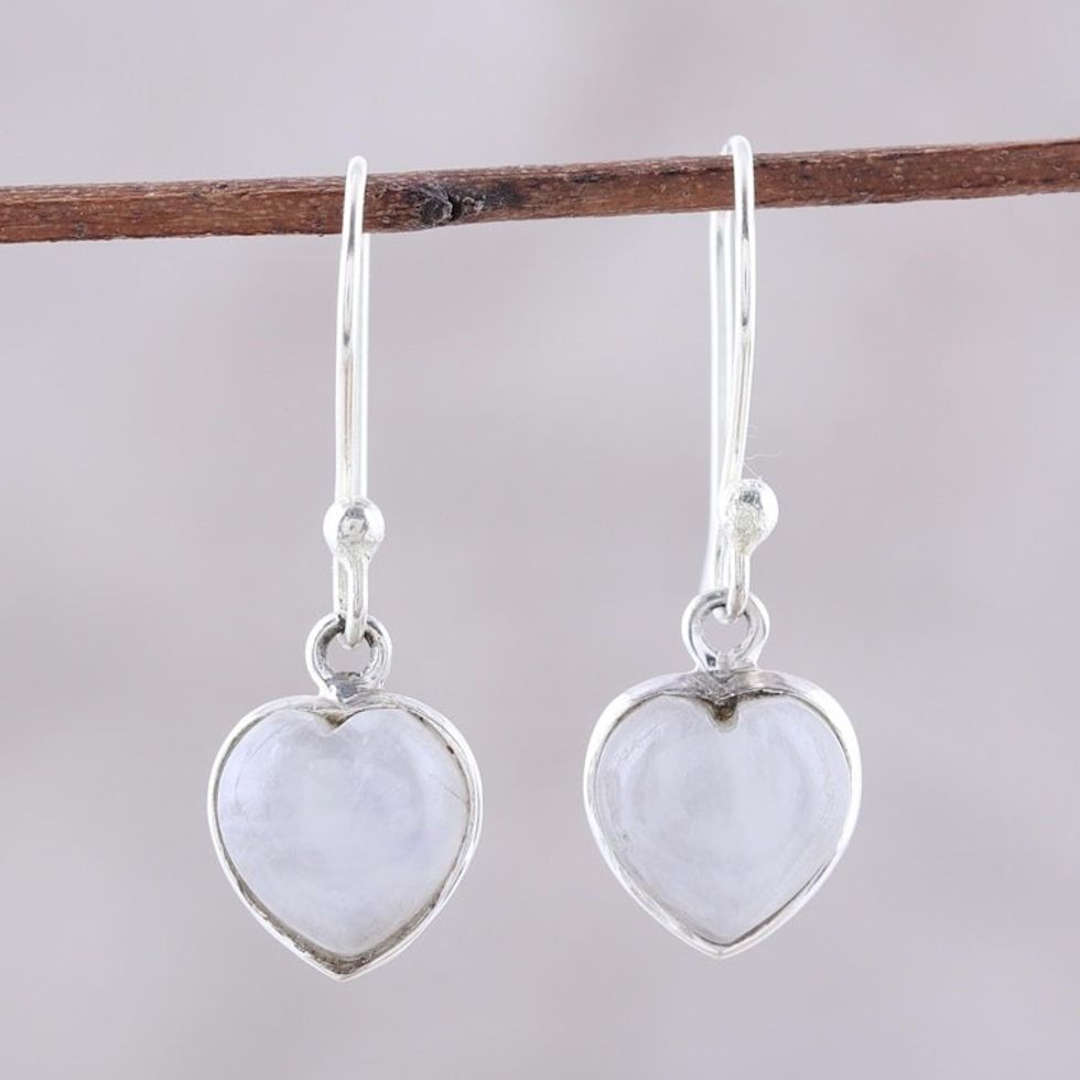 Heart Shaped Rainbow Moonstone Dangle Earrings from India 'Sweet Adoration'