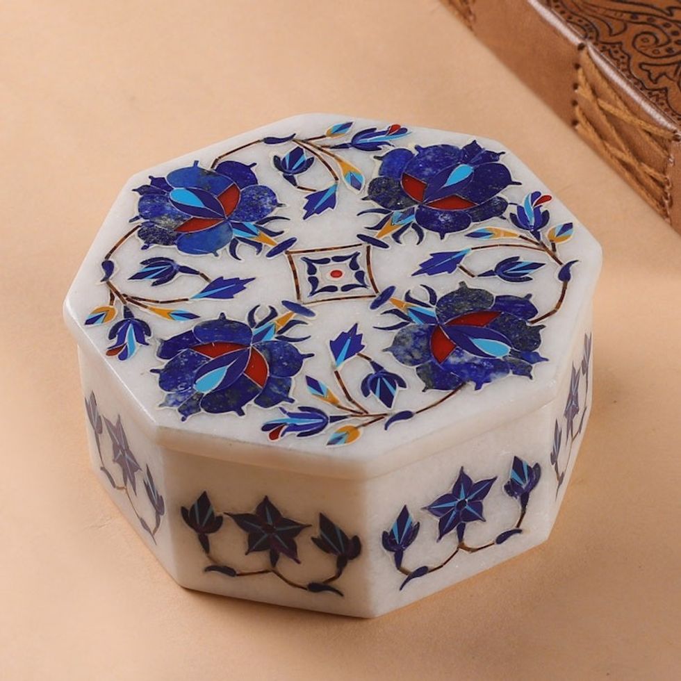 Floral Marble Inlay Jewelry Box 'Midnight Bloom'