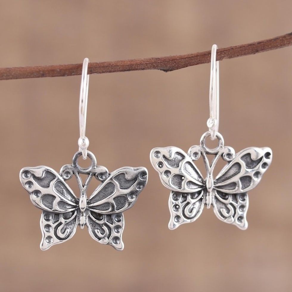 Detailed Sterling Silver Butterfly Motif Dangle Earrings 'Dancing Butterfly'
