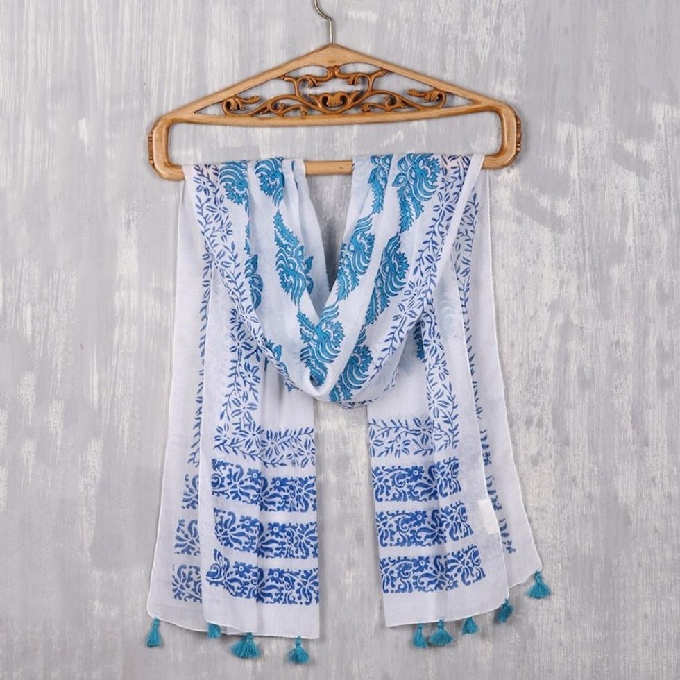 Turquoise and Lapis Floral Cotton Scarf from India 'Pure Bouquet'