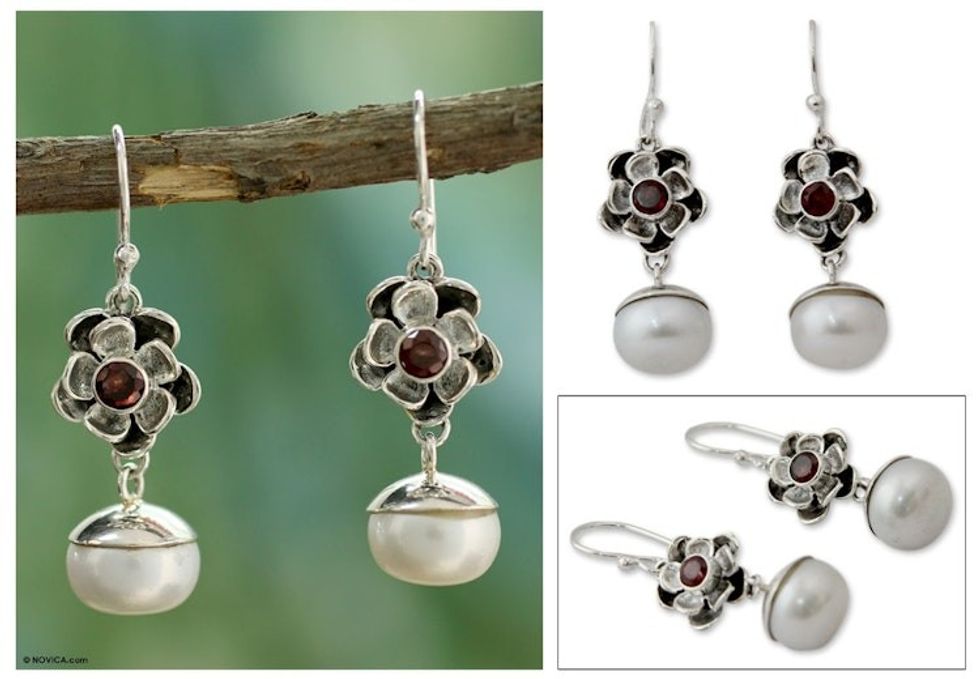 Unique Pearl and Garnet Flower Earrings 'Mumbai Bloom'