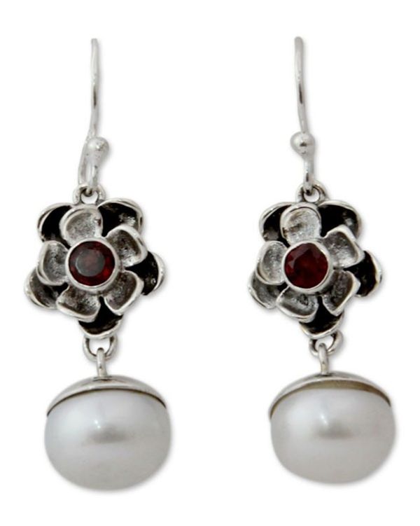 Alternate image for Unique Pearl and Garnet Flower Earrings Mumbai Bloom