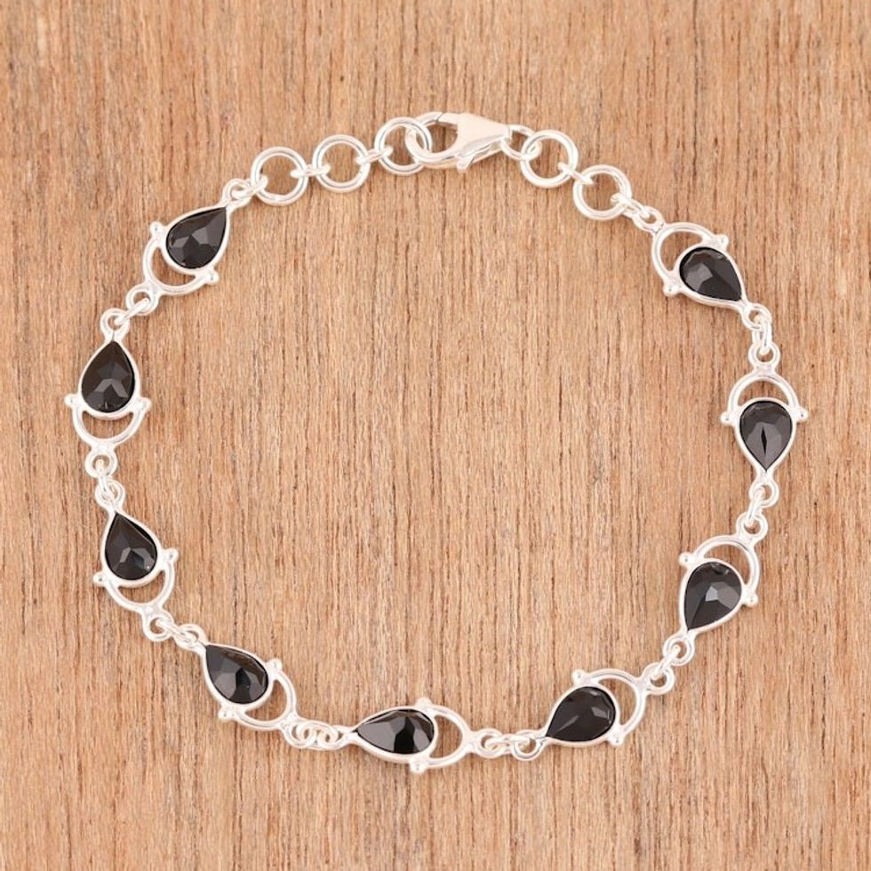 Sterling Silver and Black Onyx Raindrop Link Bracelet 'Wondrous Rain'