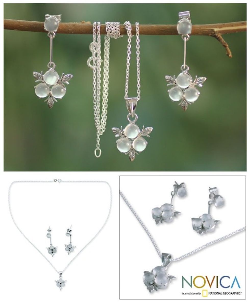 Moonstone and Sterling Silver Floral Jewelry Set 'Silver Clover'