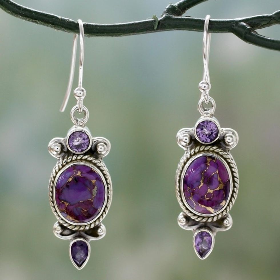Indian Amethyst Dangle Earrings in Sterling Silver Settings 'Resplendent in Purple'