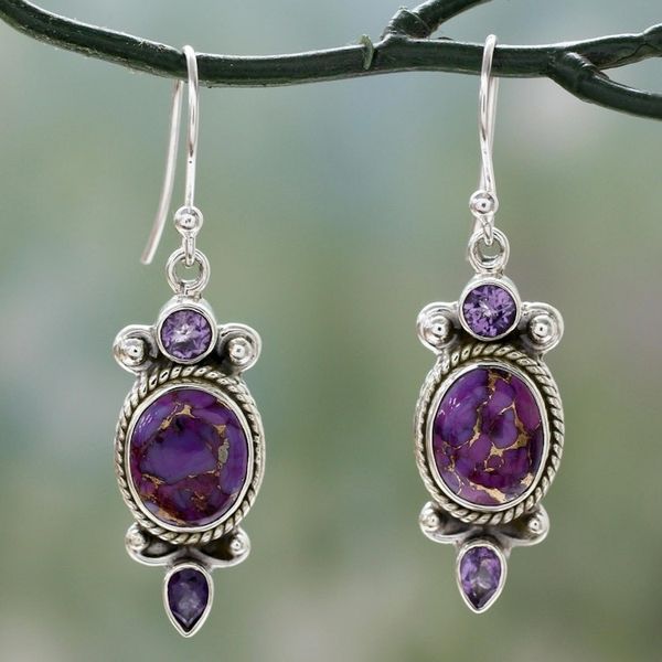 Alternate image for Indian Amethyst Dangle Earrings in Sterling Silver Settings Resplendent in Purple