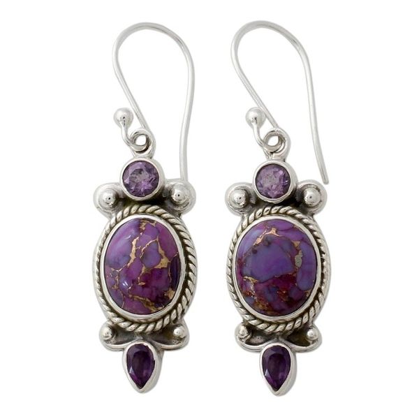 Alternate image for Indian Amethyst Dangle Earrings in Sterling Silver Settings Resplendent in Purple