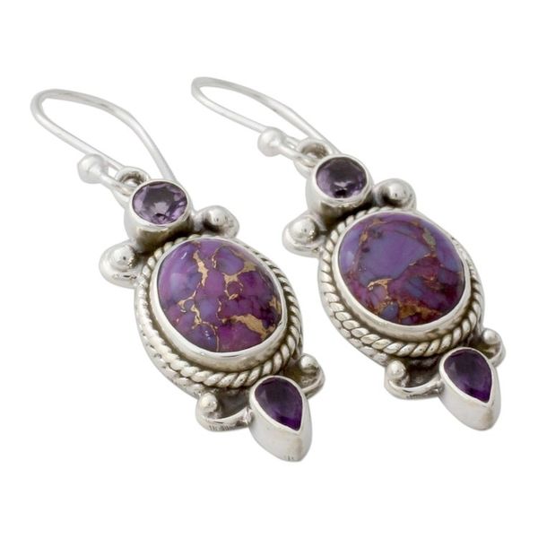 Alternate image for Indian Amethyst Dangle Earrings in Sterling Silver Settings Resplendent in Purple