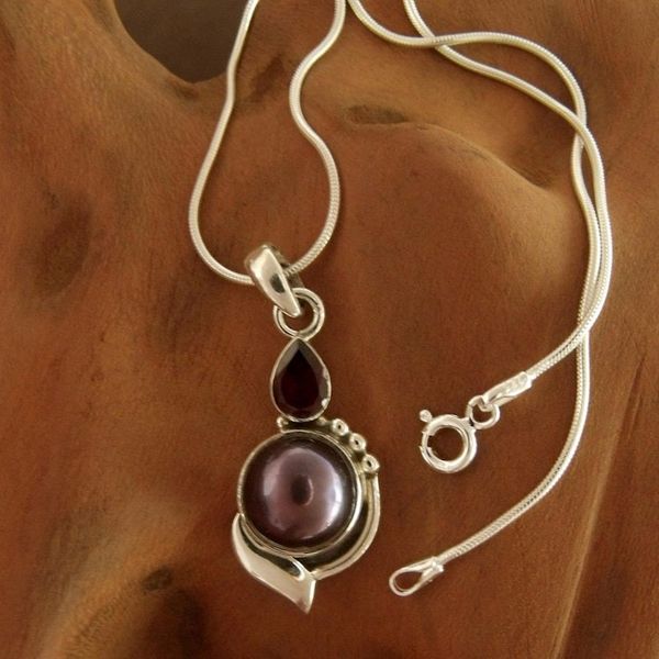 Alternate image for Handcrafted Sterling Silver Garnet and Pearl Necklace Modern Romance