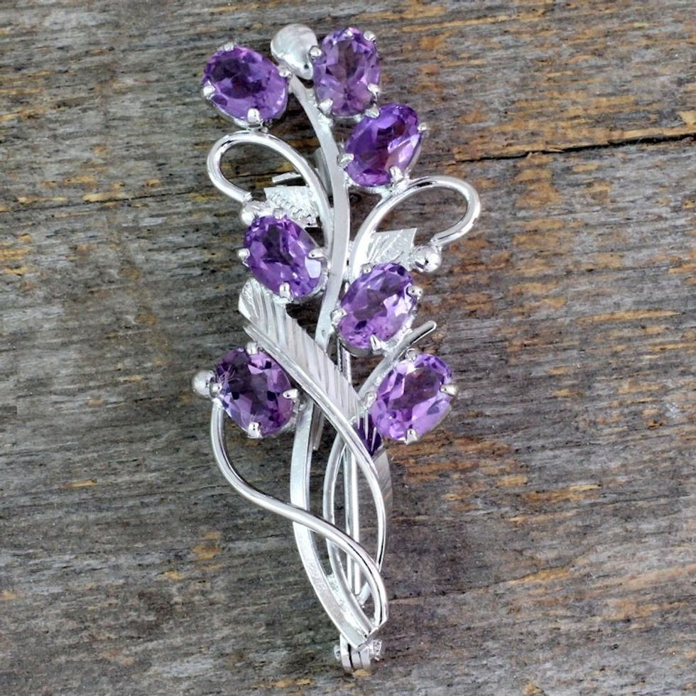 Artisan Jewelry Amethyst and Sterling Silver Brooch Pin 'Mystic Bouquet'