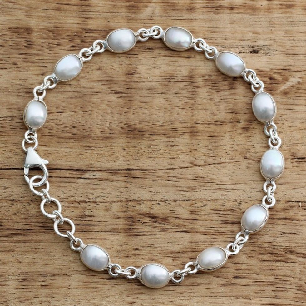 Cultured Pearl Handcrafted Tennis Bracelet Sterling Silver 'Romantic Aura'