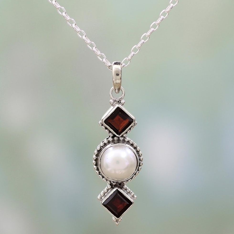 Garnet and Cultured Pearl Pendant Necklace from India 'Red Guardians'