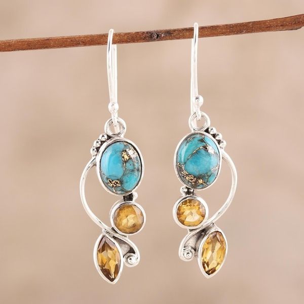 Alternate image for Faceted Citrine and Composite Turquoise Dangle Earrings Classic Glamour