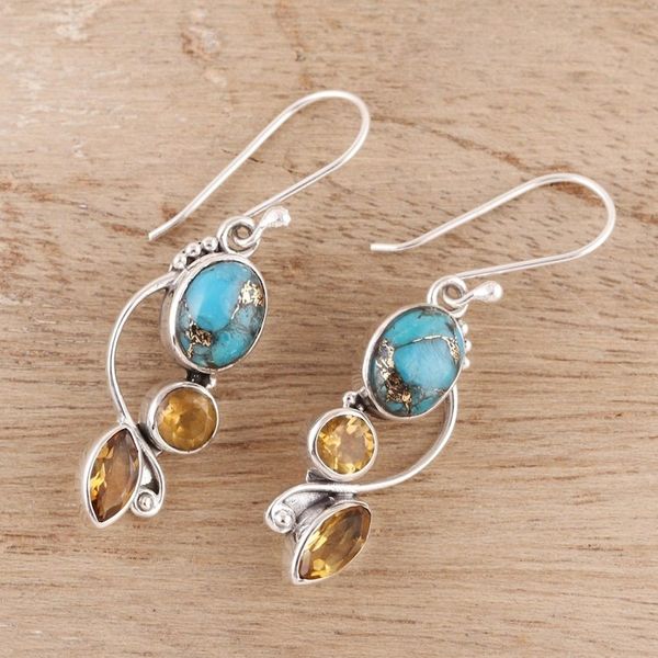 Alternate image for Faceted Citrine and Composite Turquoise Dangle Earrings Classic Glamour