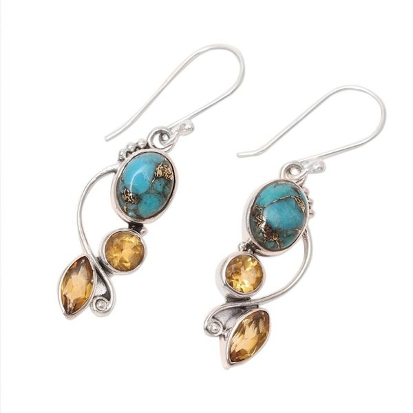 Alternate image for Faceted Citrine and Composite Turquoise Dangle Earrings Classic Glamour