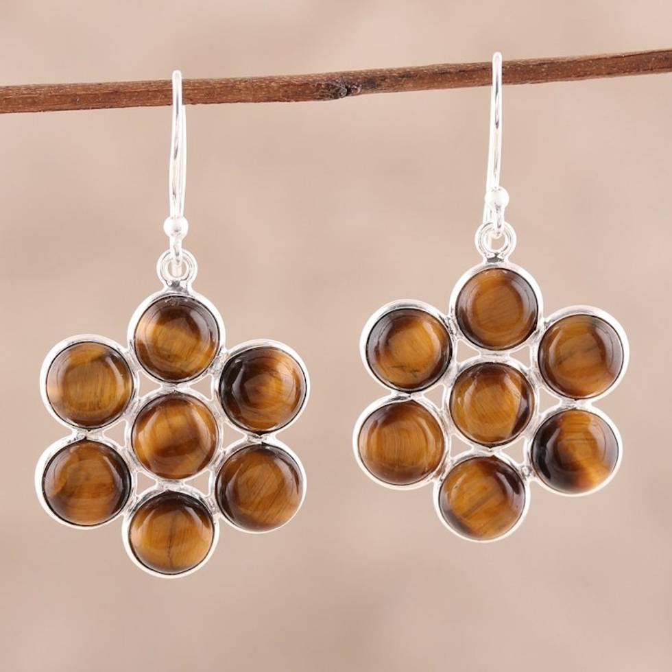Round Tiger's Eye Dangle Earrings from India 'Orb Bliss'