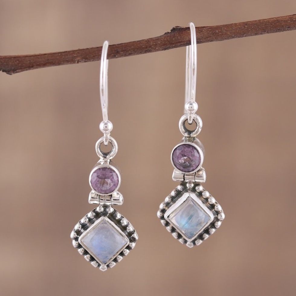 Handmade Multi-Gemstone Sterling Silver Dangle Earrings 'Enchanting Duo'