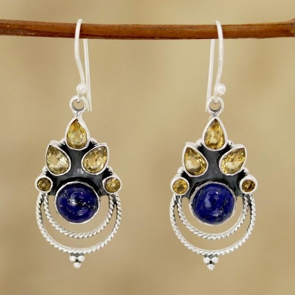 Alternate image for Citrine and Lapis Lazuli Dangle Earrings by Indian Artisans Radiant Harmony