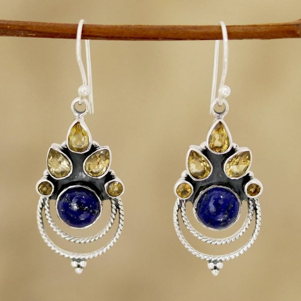 Citrine and Lapis Lazuli Dangle Earrings by Indian Artisans 'Radiant Harmony'