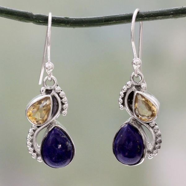 Alternate image for Silver and Lapis Lazuli Earrings with Faceted Citrine Two Teardrops