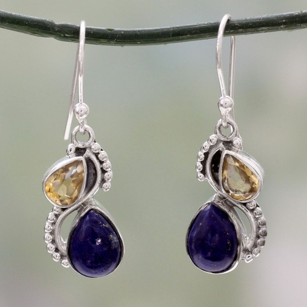Silver and Lapis Lazuli Earrings with Faceted Citrine 'Two Teardrops'