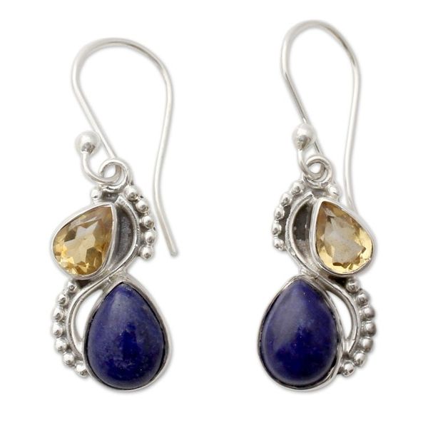 Alternate image for Silver and Lapis Lazuli Earrings with Faceted Citrine Two Teardrops