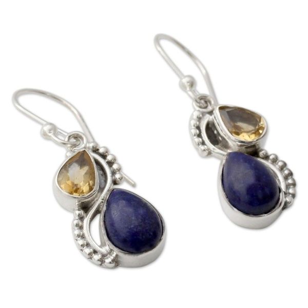 Alternate image for Silver and Lapis Lazuli Earrings with Faceted Citrine Two Teardrops