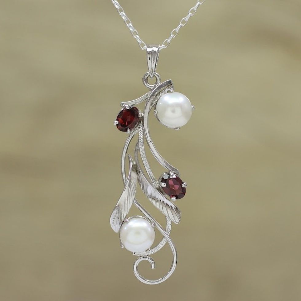 Leafy Garnet and Cultured Pearl Pendant Necklace from India 'Eternal Glamour'