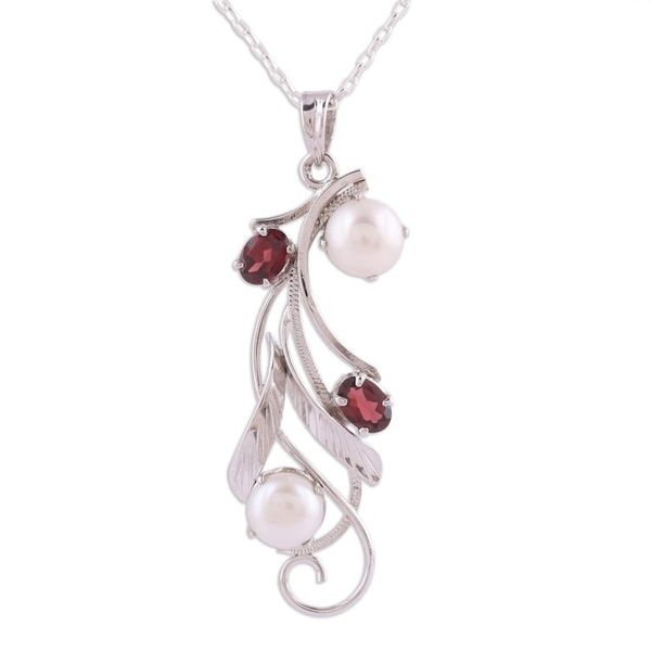Alternate image for Leafy Garnet and Cultured Pearl Pendant Necklace from India Eternal Glamour