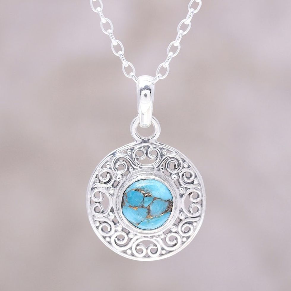 Composite Turquoise Sterling Silver Round Pendant Necklace 'Elegant Sea'