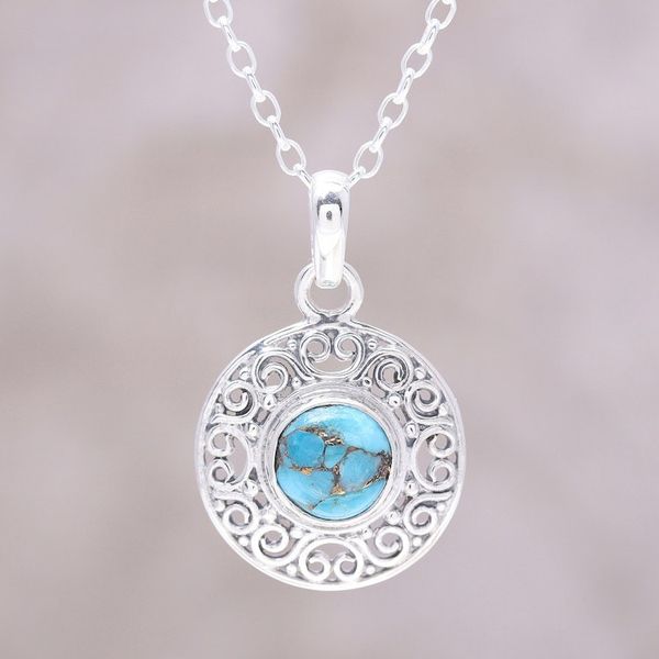Alternate image for Composite Turquoise Sterling Silver Round Pendant Necklace Elegant Sea