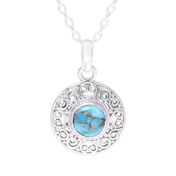 Alternate image for Composite Turquoise Sterling Silver Round Pendant Necklace Elegant Sea