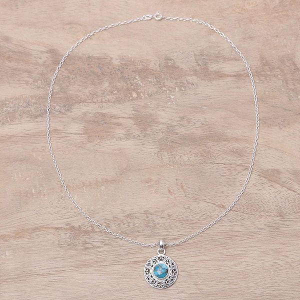 Alternate image for Composite Turquoise Sterling Silver Round Pendant Necklace Elegant Sea