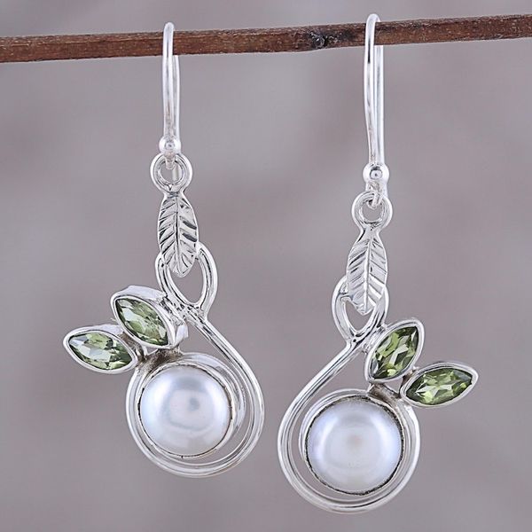 Alternate image for Cultured Pearl and Faceted Peridot Dangle Earrings Spring Beauty