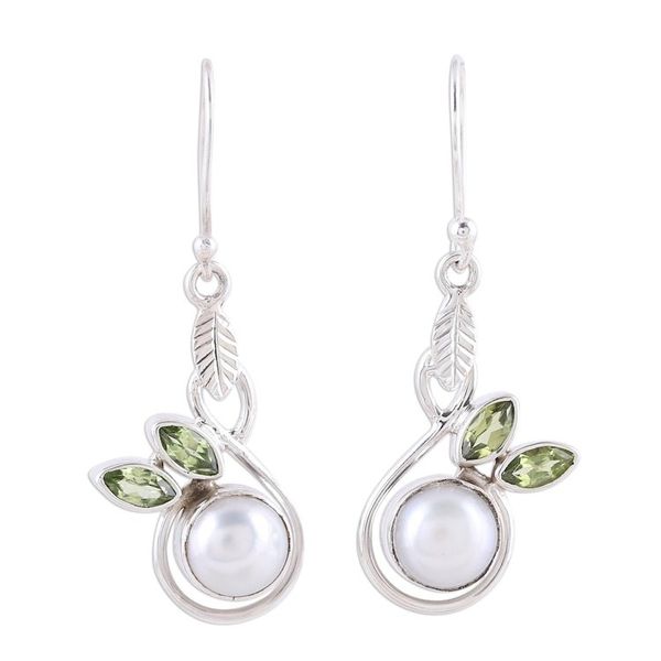Alternate image for Cultured Pearl and Faceted Peridot Dangle Earrings Spring Beauty